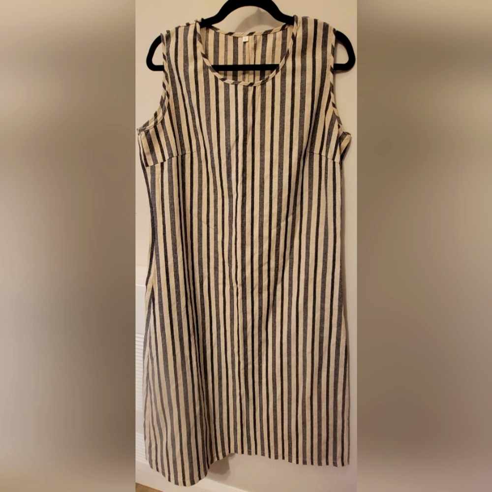 Linen Cotton Polyester Blend Shift Dress, Blue & Off-White Stripes